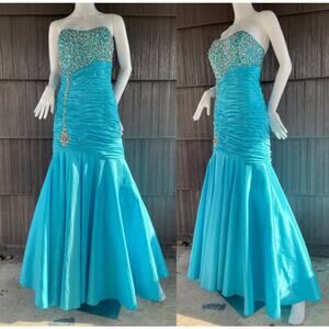 Karishma Strapless Bead Sequins Ruched Turquoise Mermaid Party Glam Formal Dress